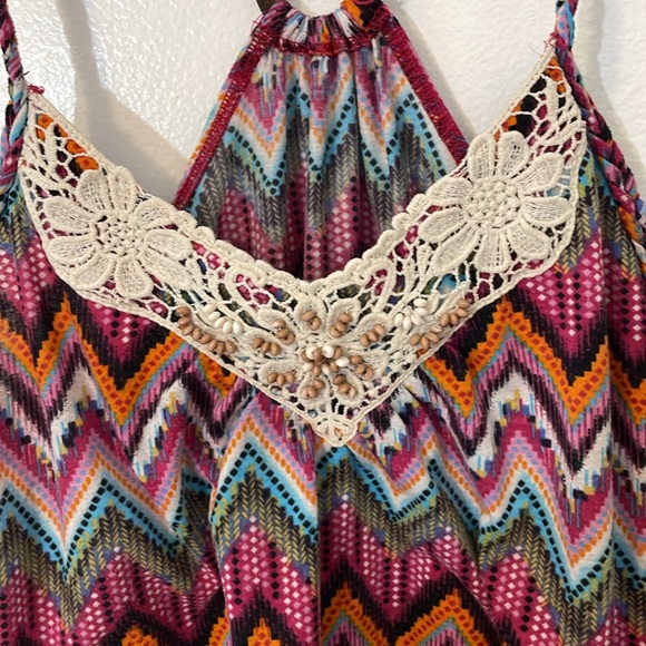No Boundaries lg 11 - 13 camisole racer back pink chevron 100% poly lace beads - Picture 2 of 7